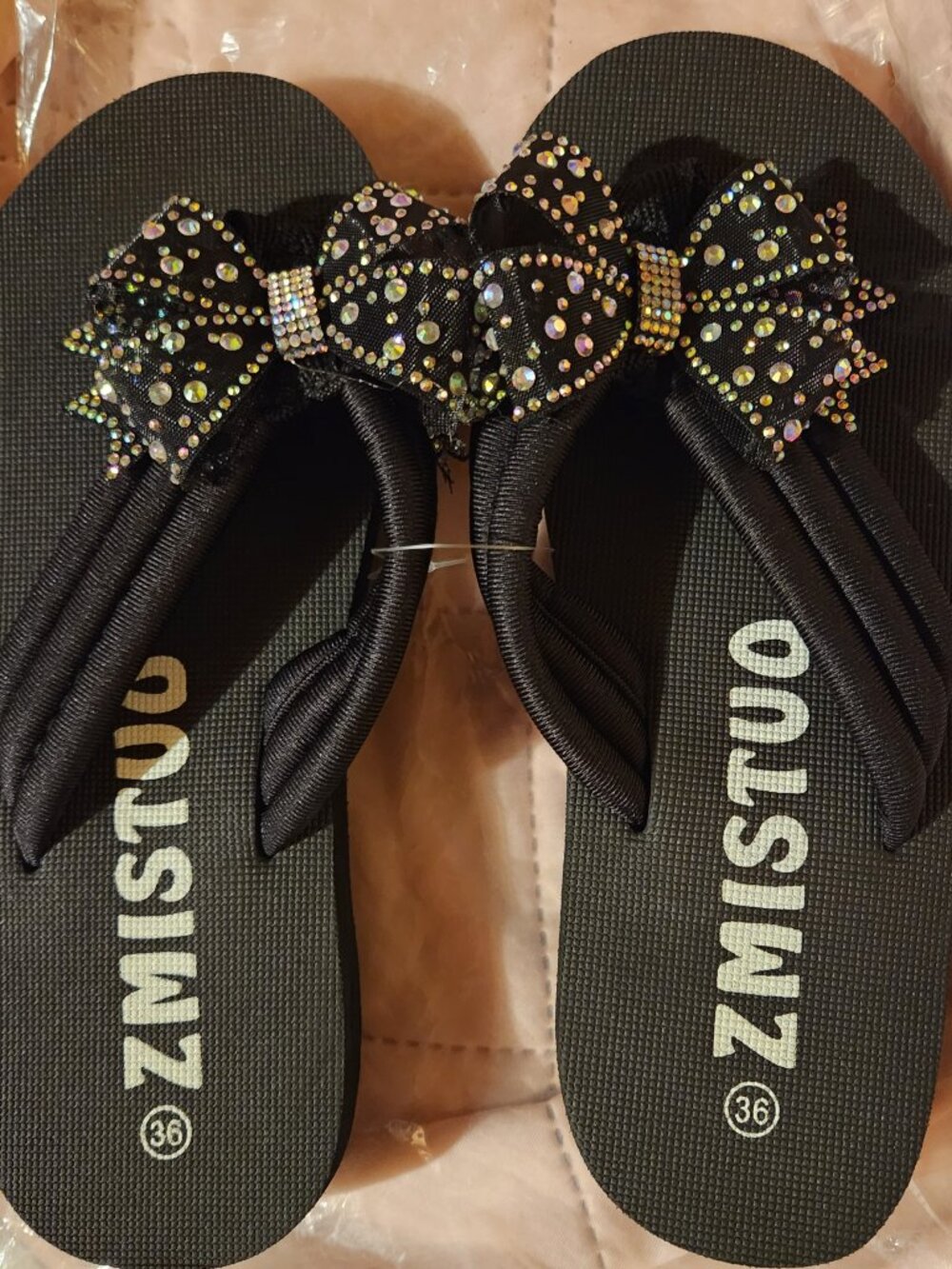 NWT BLACK RHINESTONE BOW PLATFORM FLIP-FLOPS BLING SUMMER WEDGE SANDALS